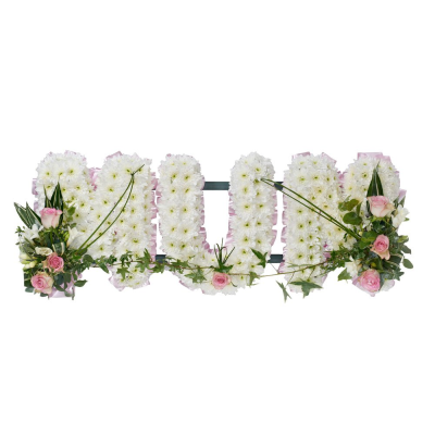 Funeral Letters - Floral words and names created using chrysanthemums and a complimenting spray for decoration.