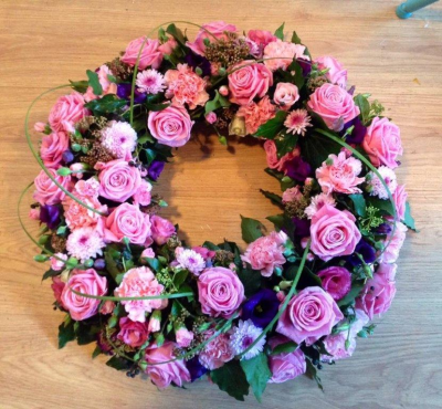 Simple Pink Wreath - Soft and delicate pink floral wreath designed using seasonal flowers.
