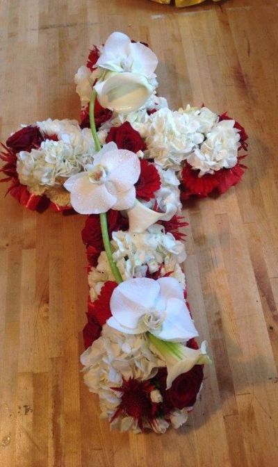 Red and White Cross - This design is made using hydrangeas and orchids.