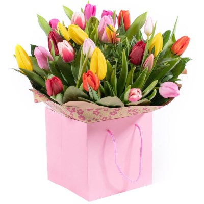 Tulip Temptations - Delivered by local florists. Prices may vary by area. A joyful tulip posy hand-tied in a mix of vibrant colours, carefully chosen by the florist and delivered in a gift bag or box.