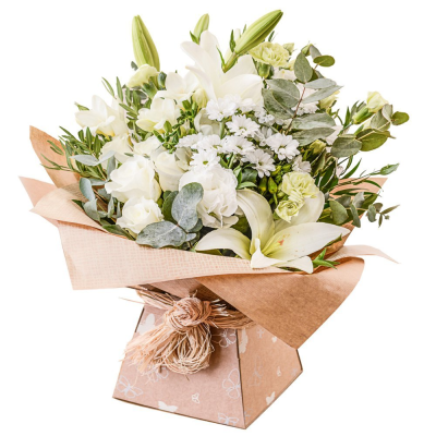 Evelyn - Elegant and serene — this hand-tied bouquet of white and cream blooms is the perfect all-occasion gift.