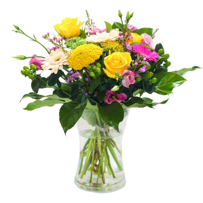 The Happy Vase - A joyful mix of vibrant yellow and pink blooms, beautifully arranged in a clear glass vase.